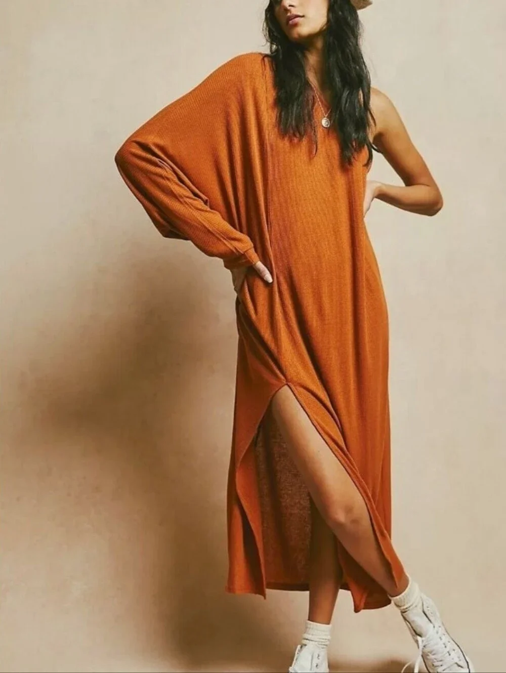 Free People Kara One Shoulder Midi Dress Black Linen Blend